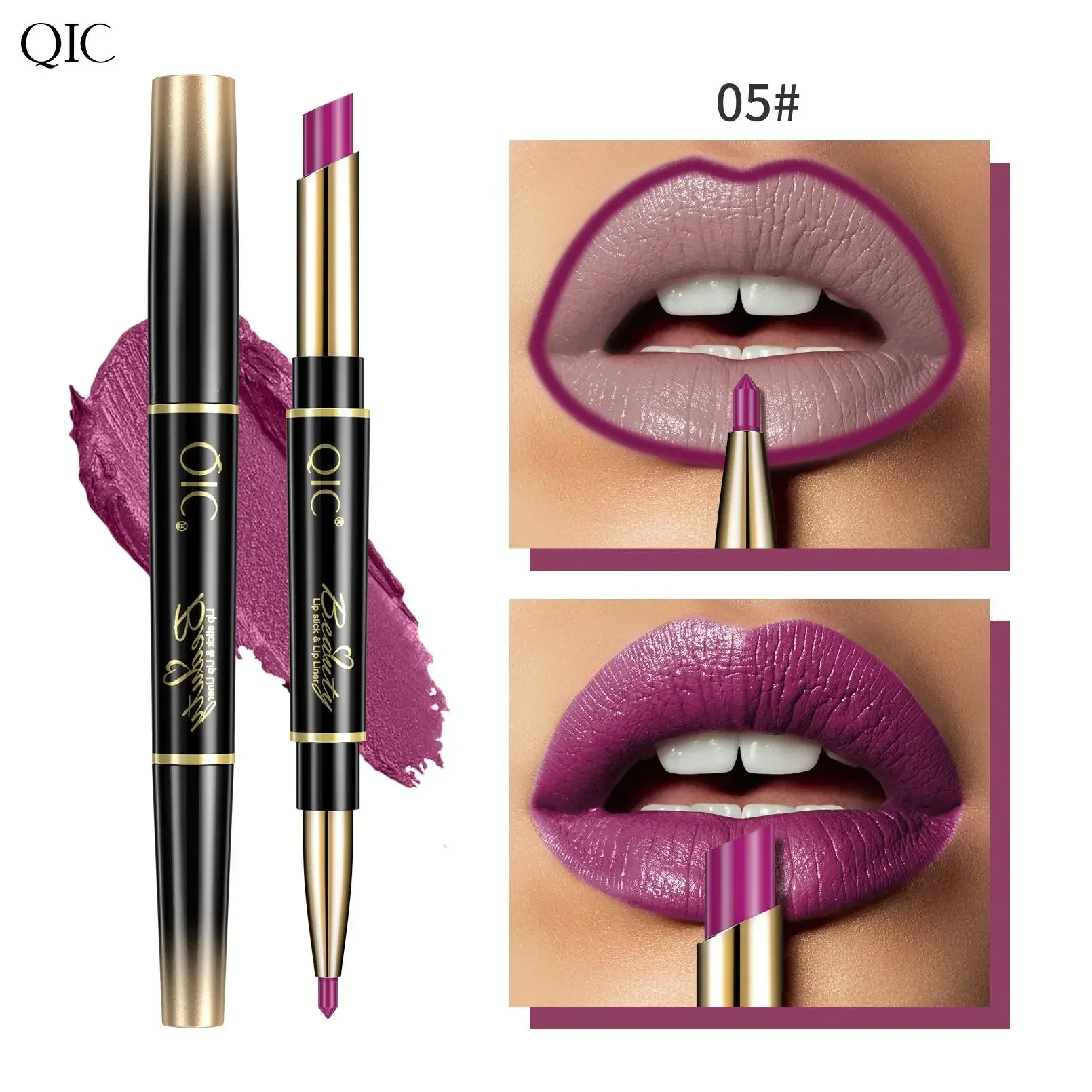 QIC Double Ended Matte Lipstick & Lip Liner Naakt 2-in-1 Lipliner Potlood Make-up Langdurige Paarse Lippotlood Lip Stain Cosmetische