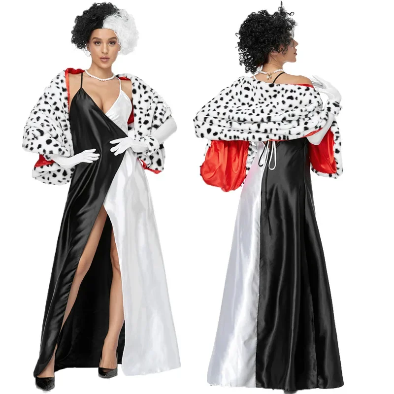 

WOMEN'S sexy evening dress Dalmatian cosplay White Black Devil witch costume wig suit leopard dot wrap shawl Halloween