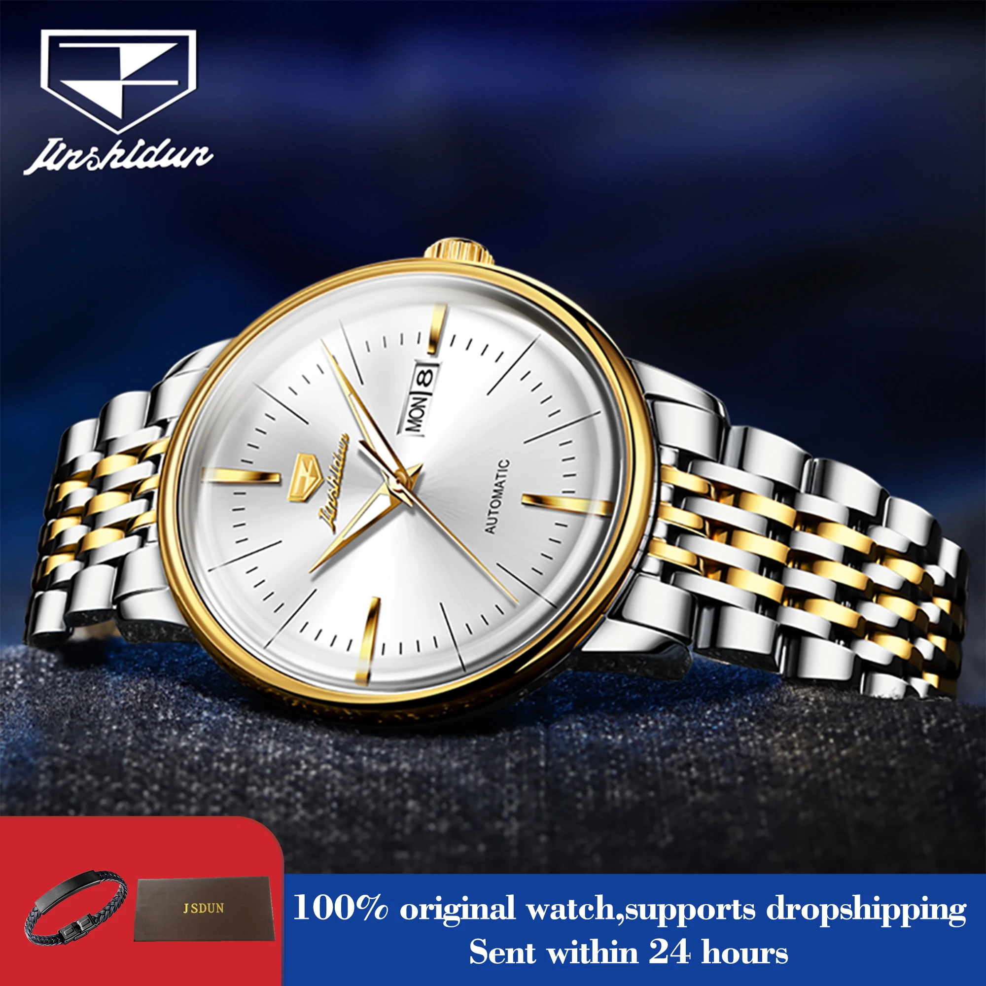 

JSDUN 8938 Man Watch Luxury Mechanical Dress Watch For Men Dual Calendar Stainless Steel Original Hand Clock Waterproof Luminous