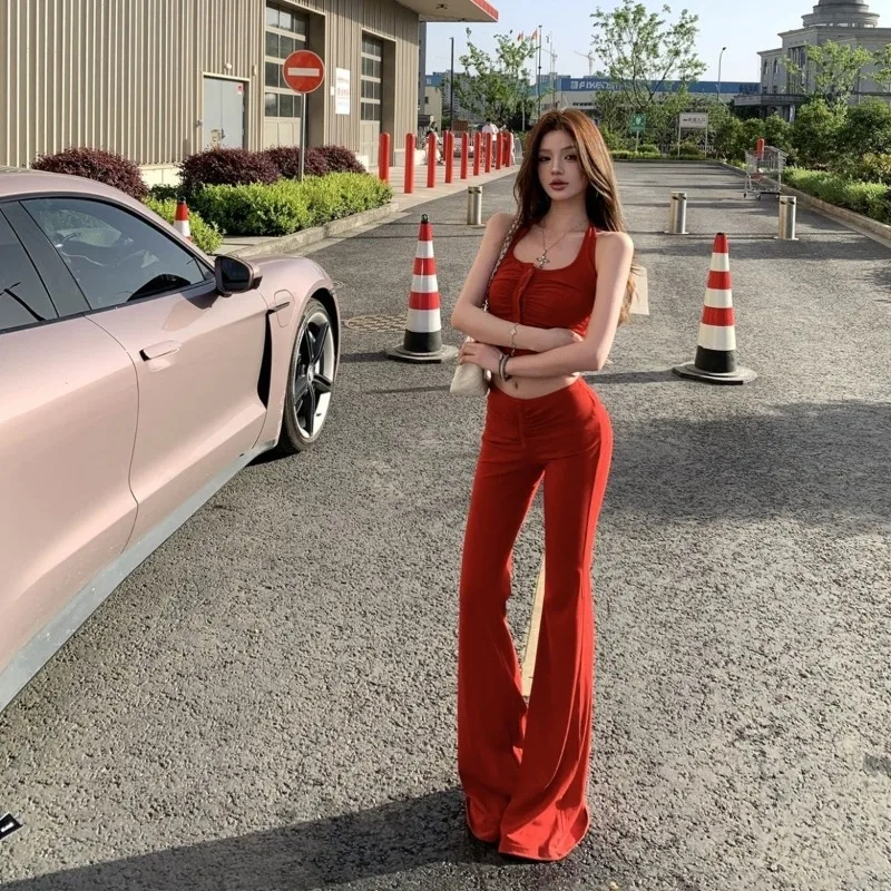 

Hot Girl Casual Suit Women's Summer Sexy Halter Neck Vest High Waisted Flared Pants Two-piece Set Fashion Female Clothes
