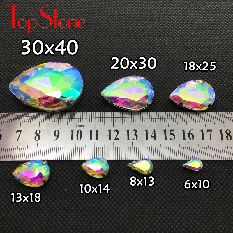 TopStone Teardrop Glass Crystal Sew On Fancy Stone with Metal Claw Setting 7x10,10x14,13x18,18x25,20x30 Droplet For Dress Making