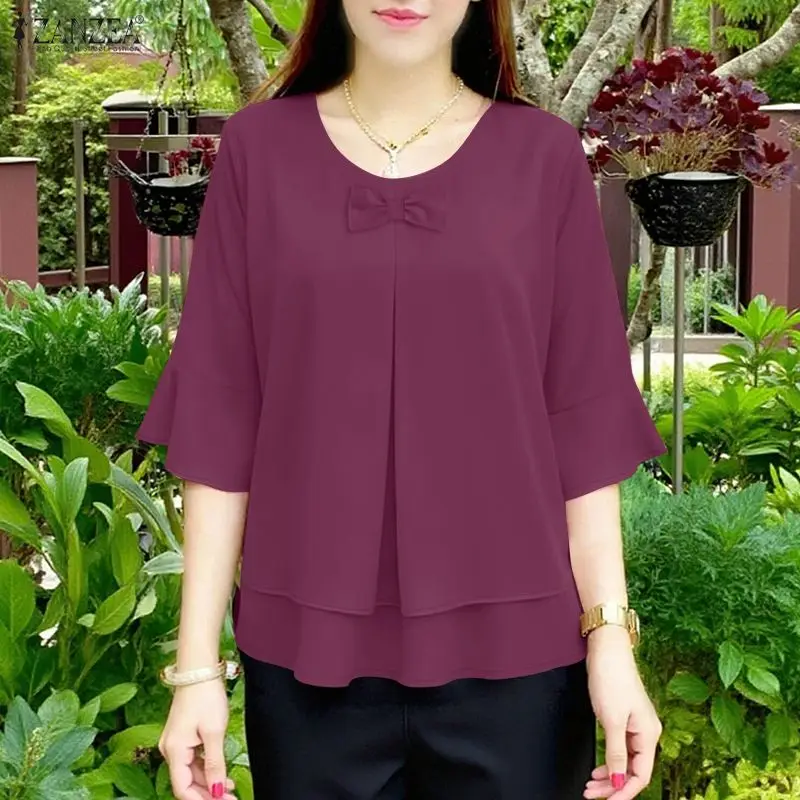 

ZANZEA Woman Elegant Layered Blouses O-Neck Bow Detail 3/4 Sleeves Loose Solid Color Tops Spring Summer Casual Blusas de Mujer