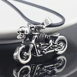 Male Gothic Punk Skeleton Motorcycle Titanium Stainless Steel leather chain Pendant Necklace X545