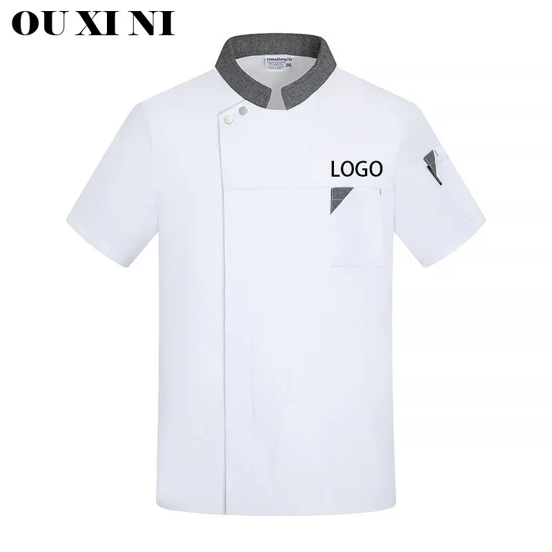 Verão traje do chef cozinheiro jaqueta masculino camisa branca restaurante uniforme barbeiro workwear cozinha catering macacão