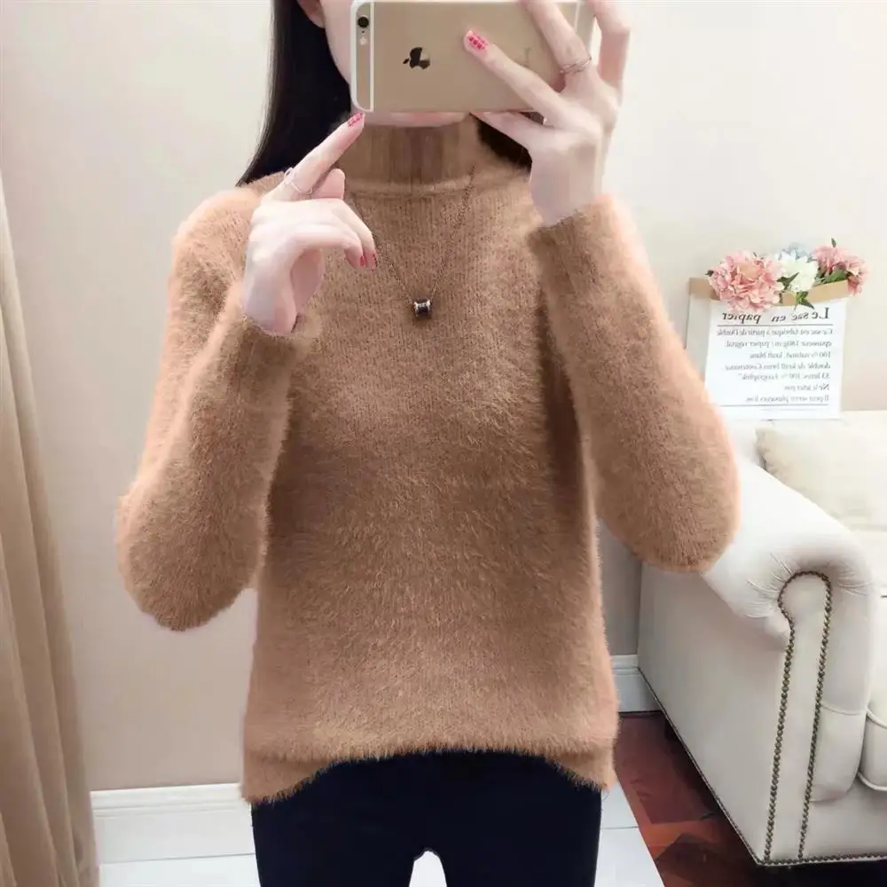 Plush Half High Collar Pullover Sweater 2023 Autumn/winter New Versatile Loose and Thick Knit Women\'s Sweater