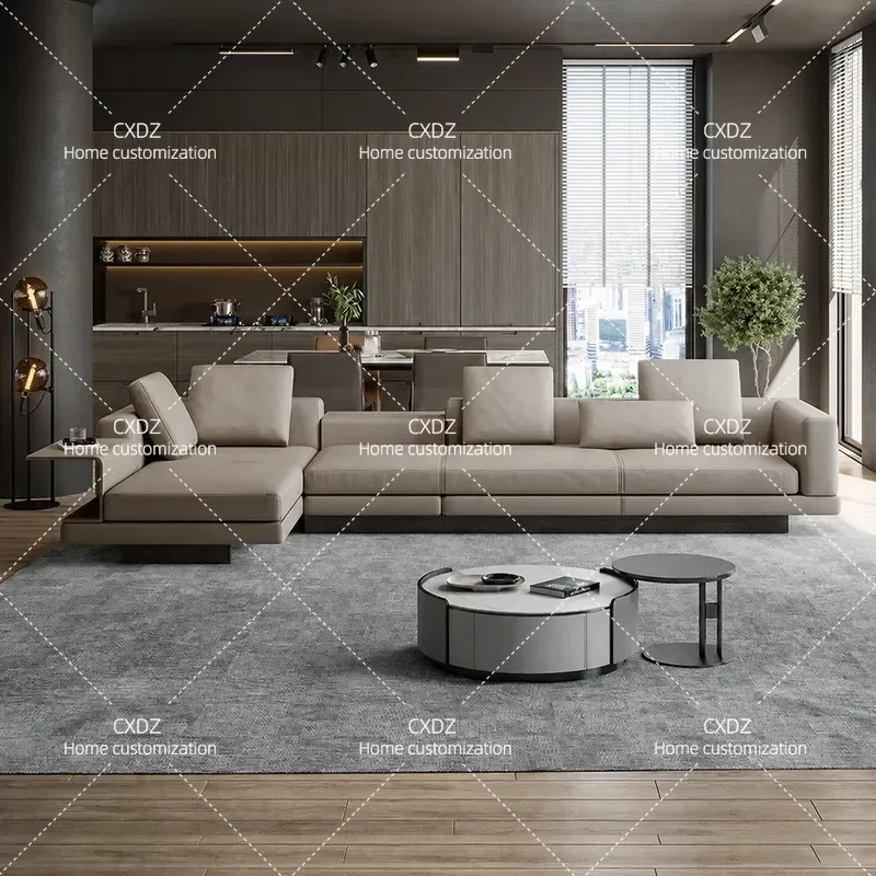 Corner Leather Sofa First Layer Cowhide Khaki Minimalist Light Luxury Living Room Modern Simplicity