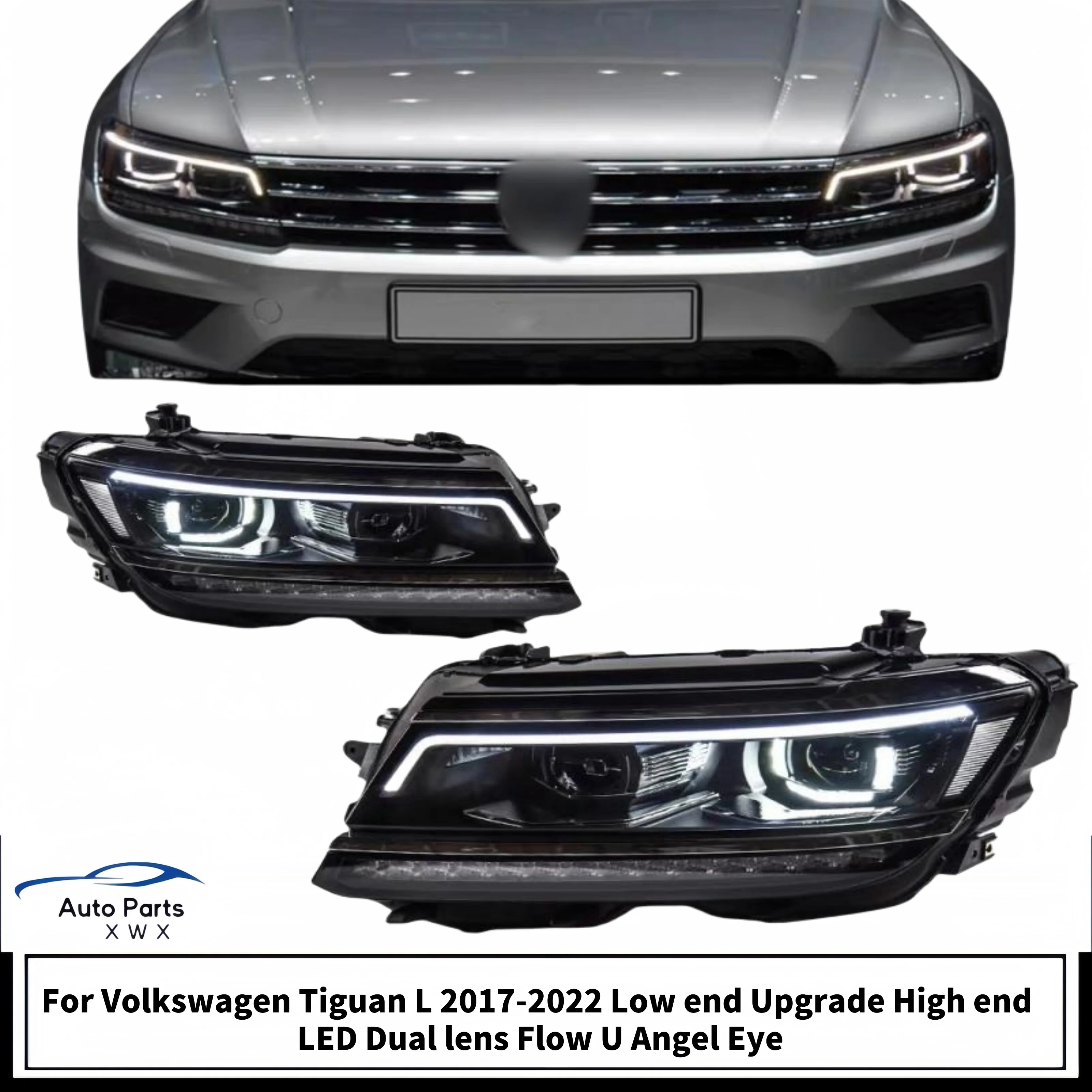 

Suitable for Volkswagen Tiguan L 2017-2022 headlight assembly, low to high configuration, LED dual lens, flowing U angel eyes