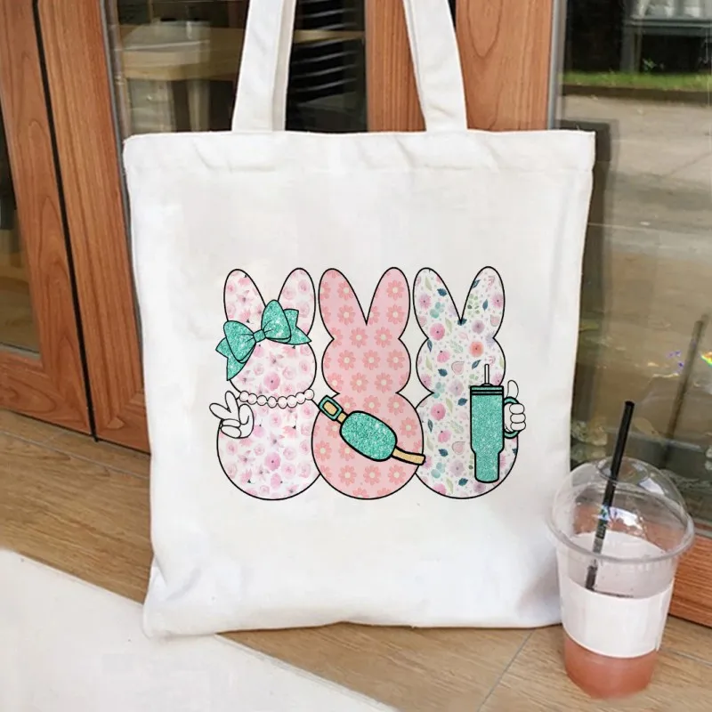 

Easter Bunny Print Canvas Tote Bag for Women Makeup Bag Large Capacity Shopping Bags Books Female Shoulder Handbag Girl Handbags