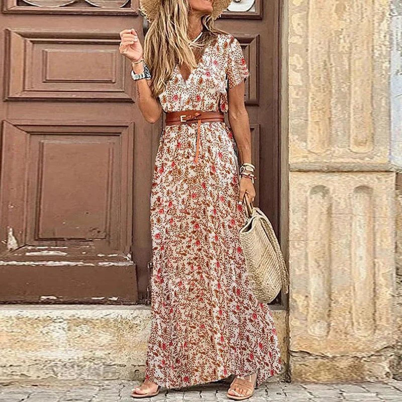 Summer Women\'s V-neck Fitting Dress Fashionable Short Sleeved Dress Holiday Party Bohemian Style Floral Casual Loose Long Dress