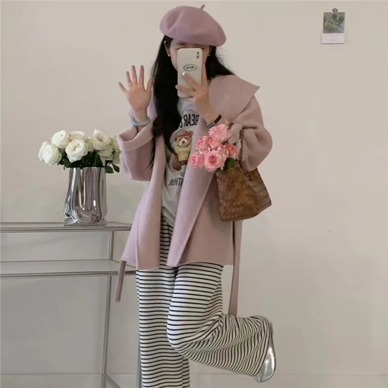 2024 Autumn and Winter Bathrobe Style Hooded Double-sided Wool Wool Coat Women's Fashion Commuting Loose Casual Korean Wool Coat