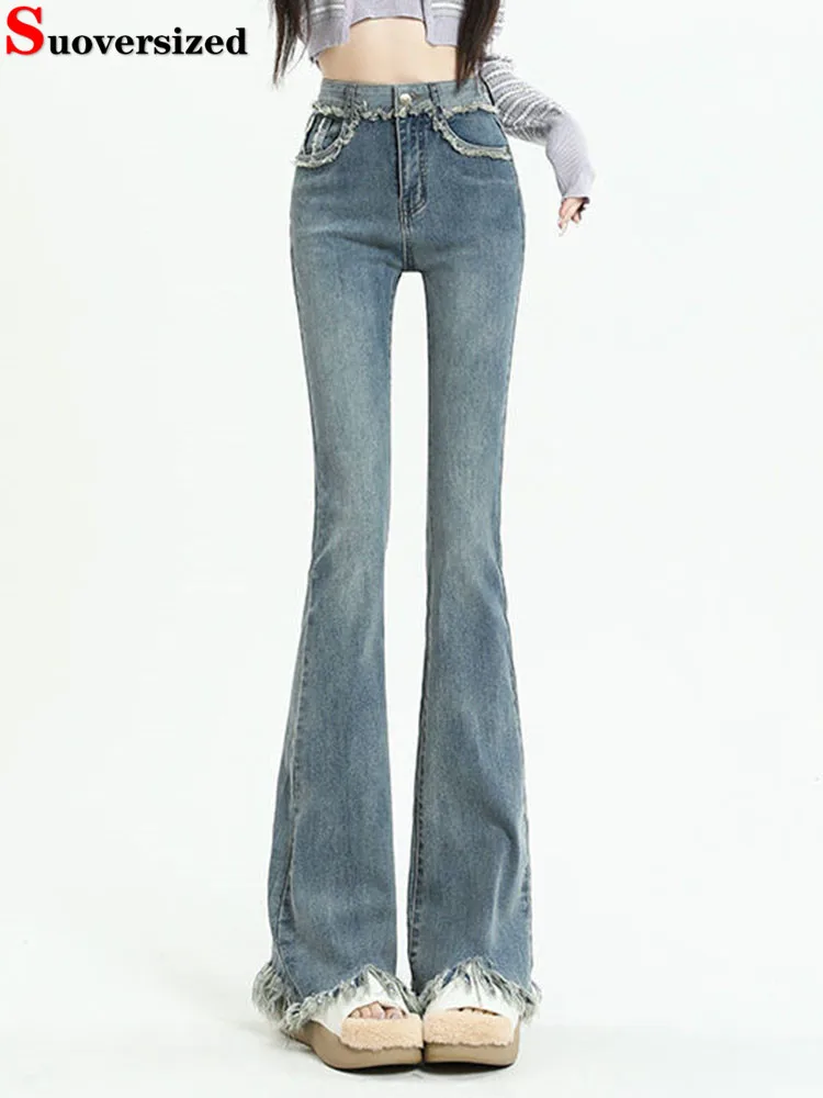 

Весенне-осенние узкие расклешенные джинсы, корейские модные широкие джинсовые брюки с высокой талией, женские повседневные уличные эластичные тонкие брюки Vaqueros, новинка