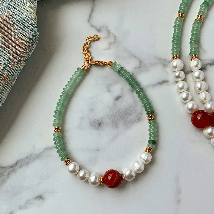 New Style Elegant Natural Jade & Freshwater Pearl & Agate Stone 14K Gold Filled Female Jewelry Set For Women Necklace Bracelet