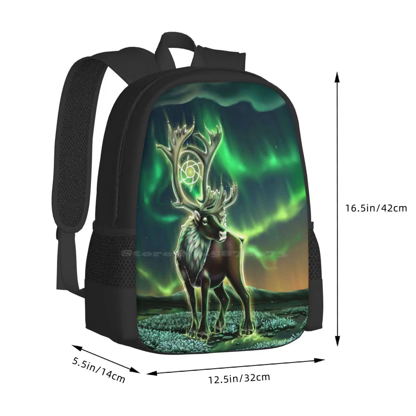 Caribou Borealis 3D Print Design Backpack Student Bag Caribou Reindeer Buck Stag Arctic Nature Wildlife Animal Spiritual