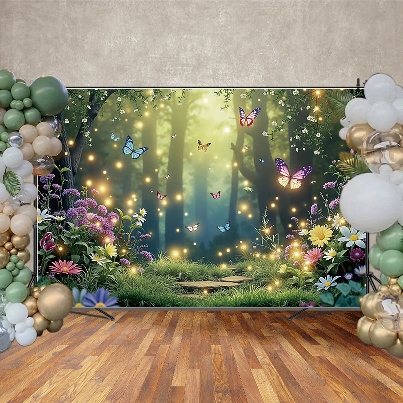 MOON.QG Magical Forest Background Photography Fairy Tale Butterfly Trees Flower Glitter Backdrop Birthday Baby Shower Photobooth