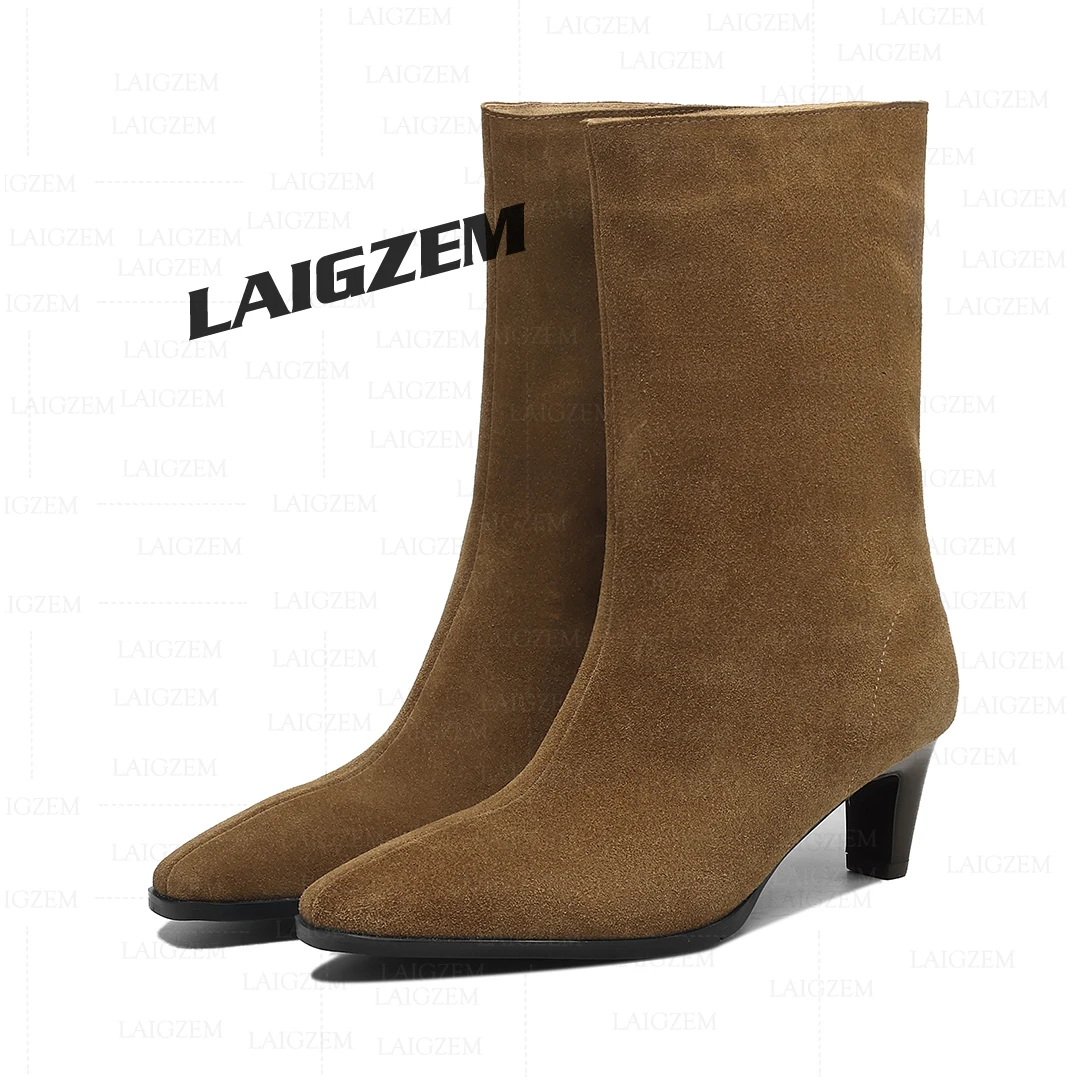 

LAIGZEM Women Ankle Boots Real Suede 5.5CM Thick High Heels Short Boots Pull On Handmade Ladies Shoes Woman Large Size 38 41 43