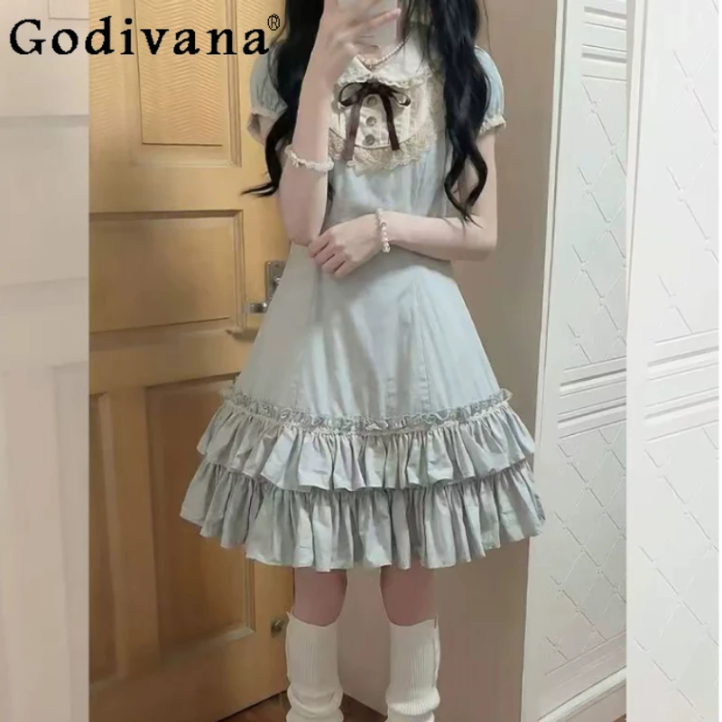 

Spring Summer French Gentle Temperament Bow Lace Splicing Dress Fashion Girl High Waist A-line College Short Sleeve Cake Dresses