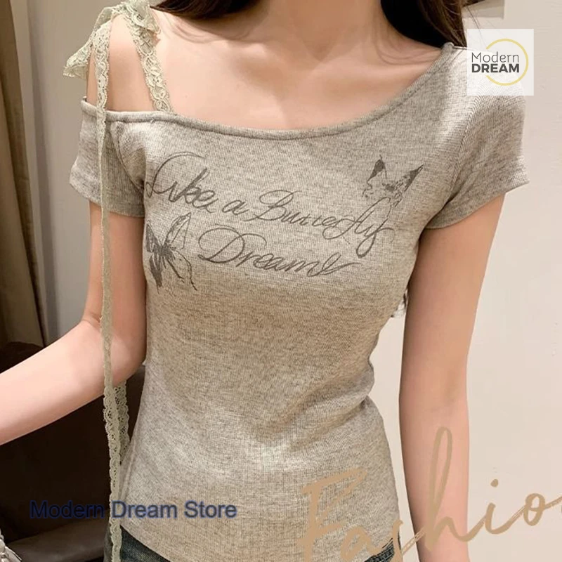 

French oblique collar off-the-shoulder lace ribbon T-shirt women's summer new slim wild letter butterfly print casual top