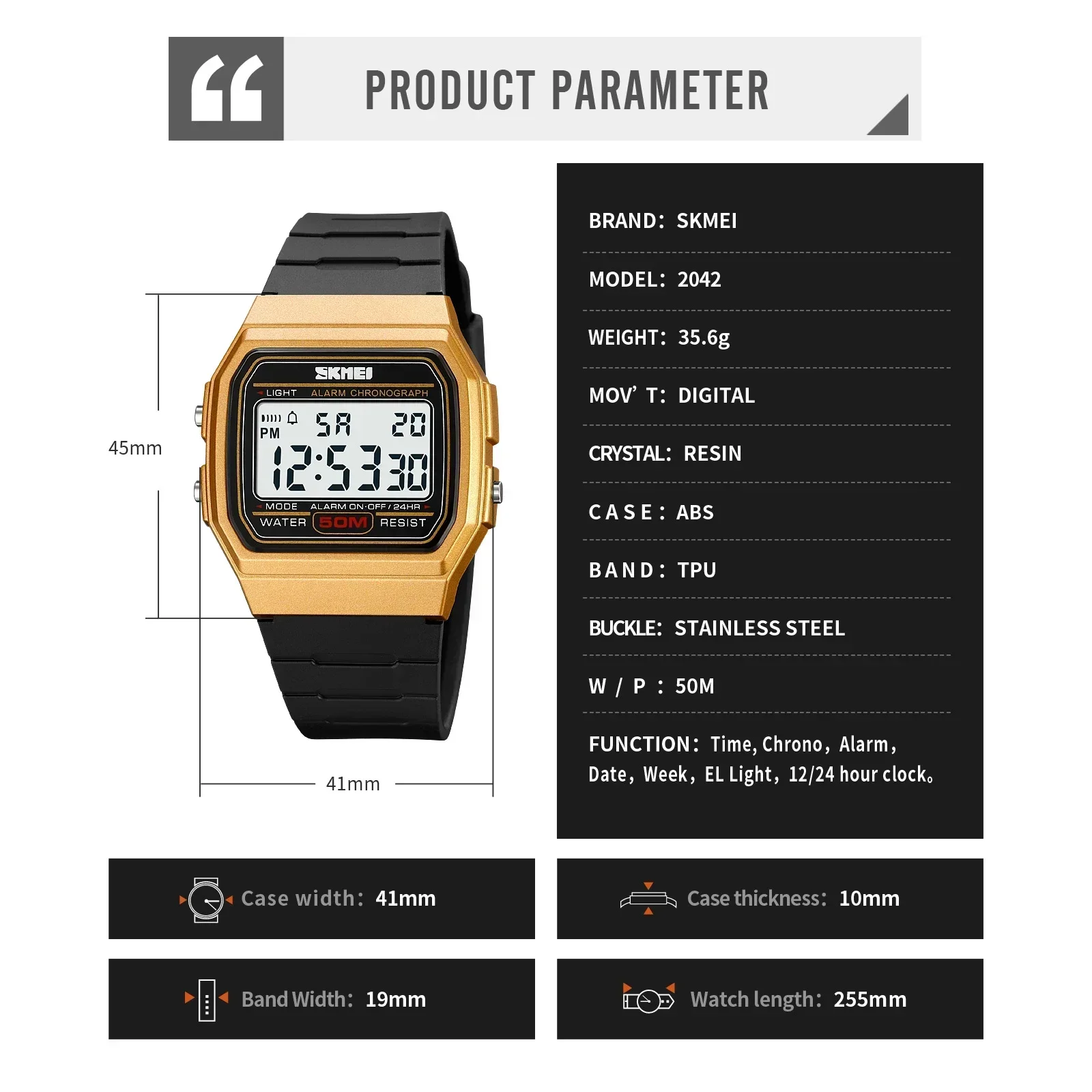 SKMEI Watch for Men Digital Sports Waterproof Chrono LED Display Mens Wristwatches Military Date Week Clock reloj hombre 2042