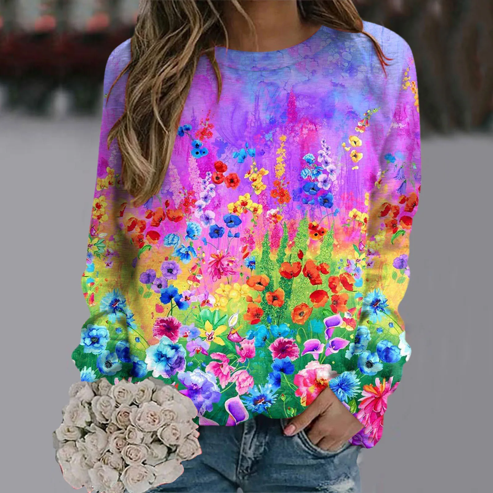 Flower Oil Painting Sweatshirts Colorful Floral 3D Print Women Streetwear Long Sleeve Pullovers Top Y2k Hoodies Woman Clothing