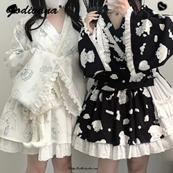 New 2024 Spring and Summer Female Girls Sweet Cute Lace Water Color Printed Kimono Top  Apron and Skirt 3 Piece Set Outfits