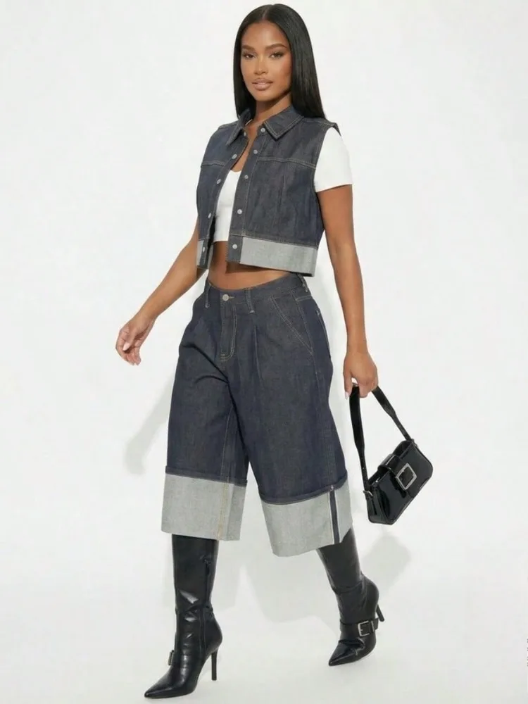 Women Fashion 2 Piece Outfit Sleeveless Lapel Patchwork Cropped Vest & High Waist Patchwork Wide Leg Capri Pants Set Streetwear Casual Matching Suit - view 3