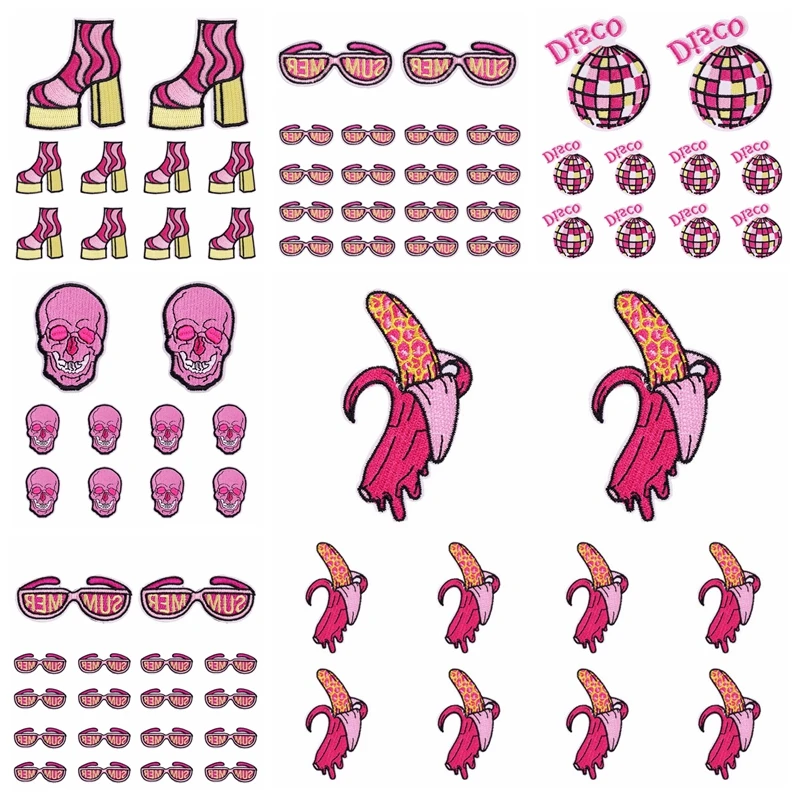 5 Pcs Pink High Heel Shoes Embroidery Patch DIY Horror Skeleton Iron On Patches For Clothing Peeled Banana Sewing Stickers Badge