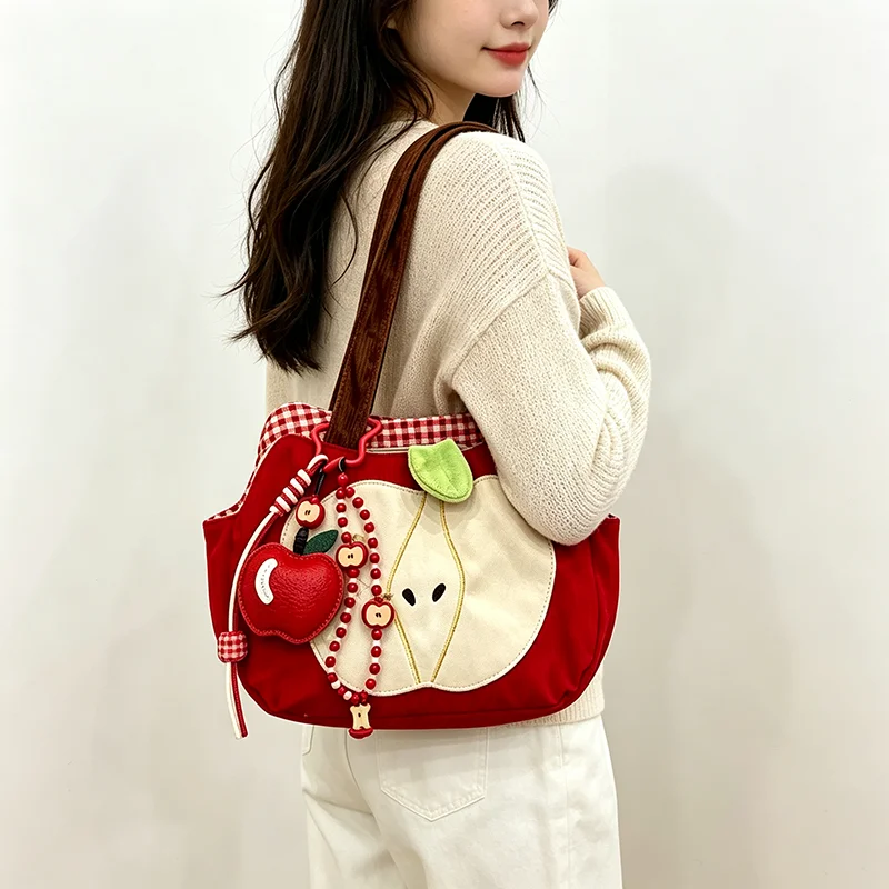 Cartoon Apple Shoulder Bag With Leather Apple Bag Charm Large Capacity Canvas Shopping Bag Creative Tote Bag for Girls Women