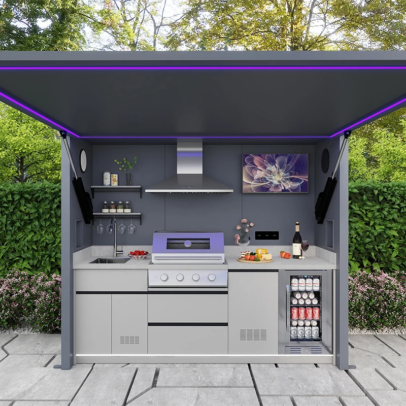Modern Luxury Outdoor BBQ Kitchen Pod With Remote Control Flip Up Roof And Built In Grill Sink Fridge Storage Cabinet