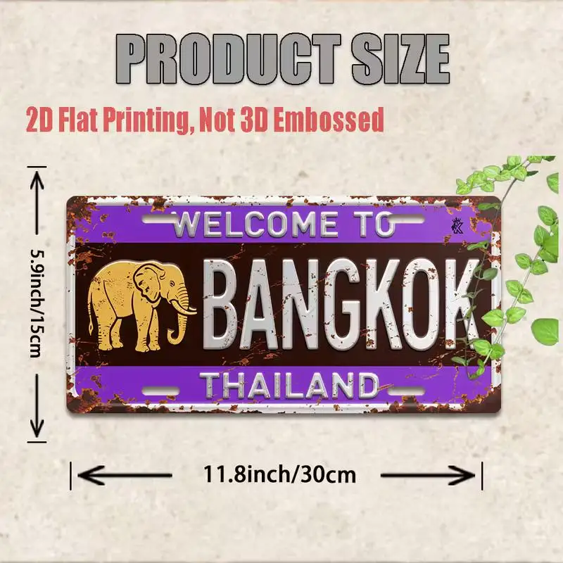 2D Flat, 1pc Vintage Thai License Plate - Bangkok Thailand - Purple and Golden Vintage Design - Large Size 11.8x5.9 Inches (30x1