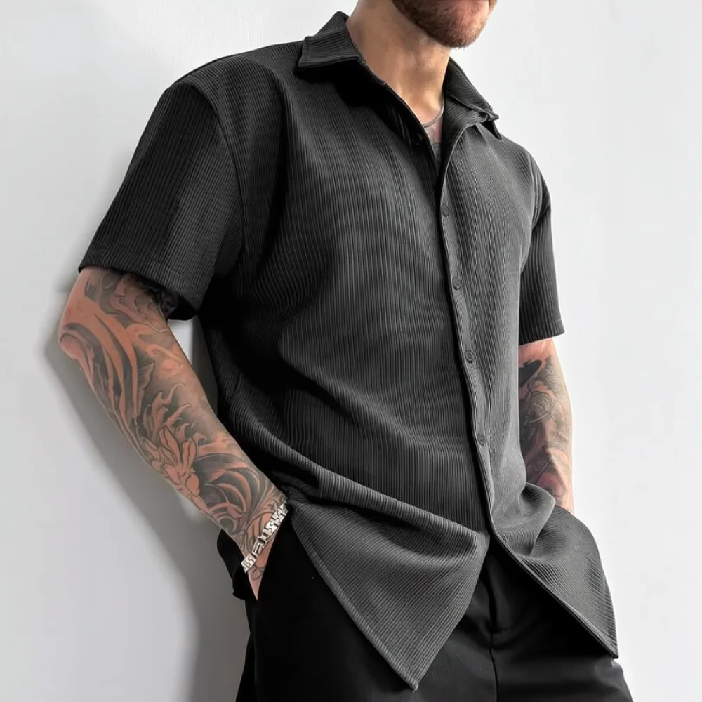Casual Mens Shirt Short Sleeve Summer Loose Fit Solid Color Button Up Tops Breathable Fashion Male Apparel Streetwear