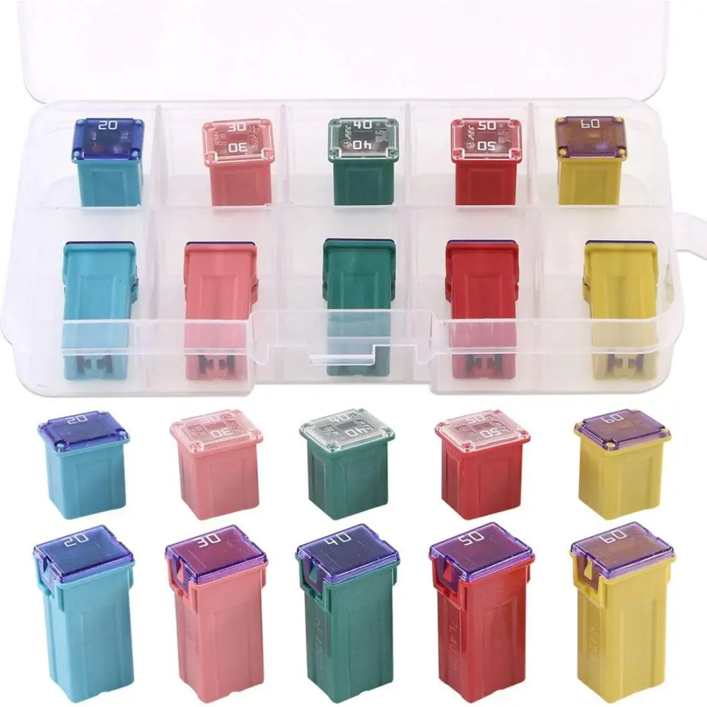 10Pcs Jcase 20A 30A 40A 50A 60A Fuse Assortment Kit Low and Tall/Standard Profile Box Shaped Fuse for Pickup Trucks, Cars ,SUVs