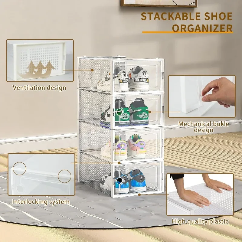 Large 15 Pack Shoe Organizer Boxes, Collapsible Shoe Boxes Clear Plastic, Shoe Organizer for Closet, Space Saving Foldable