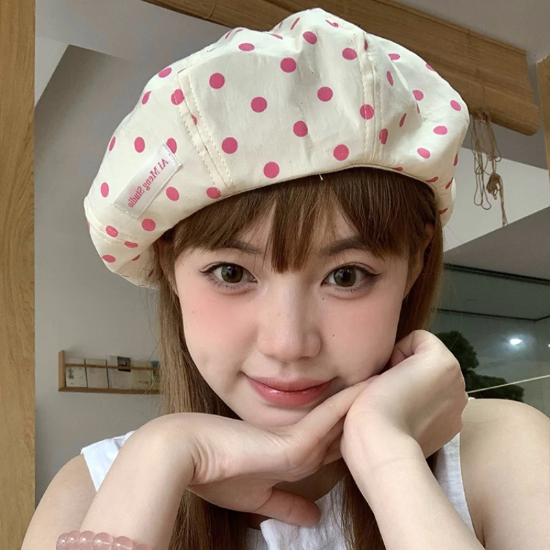 

Japanese Retro Polka Dot Printed Octagonal Hats for Women Summer Thin Versatile Sunscreen Cloud Design Sense Berets Cap