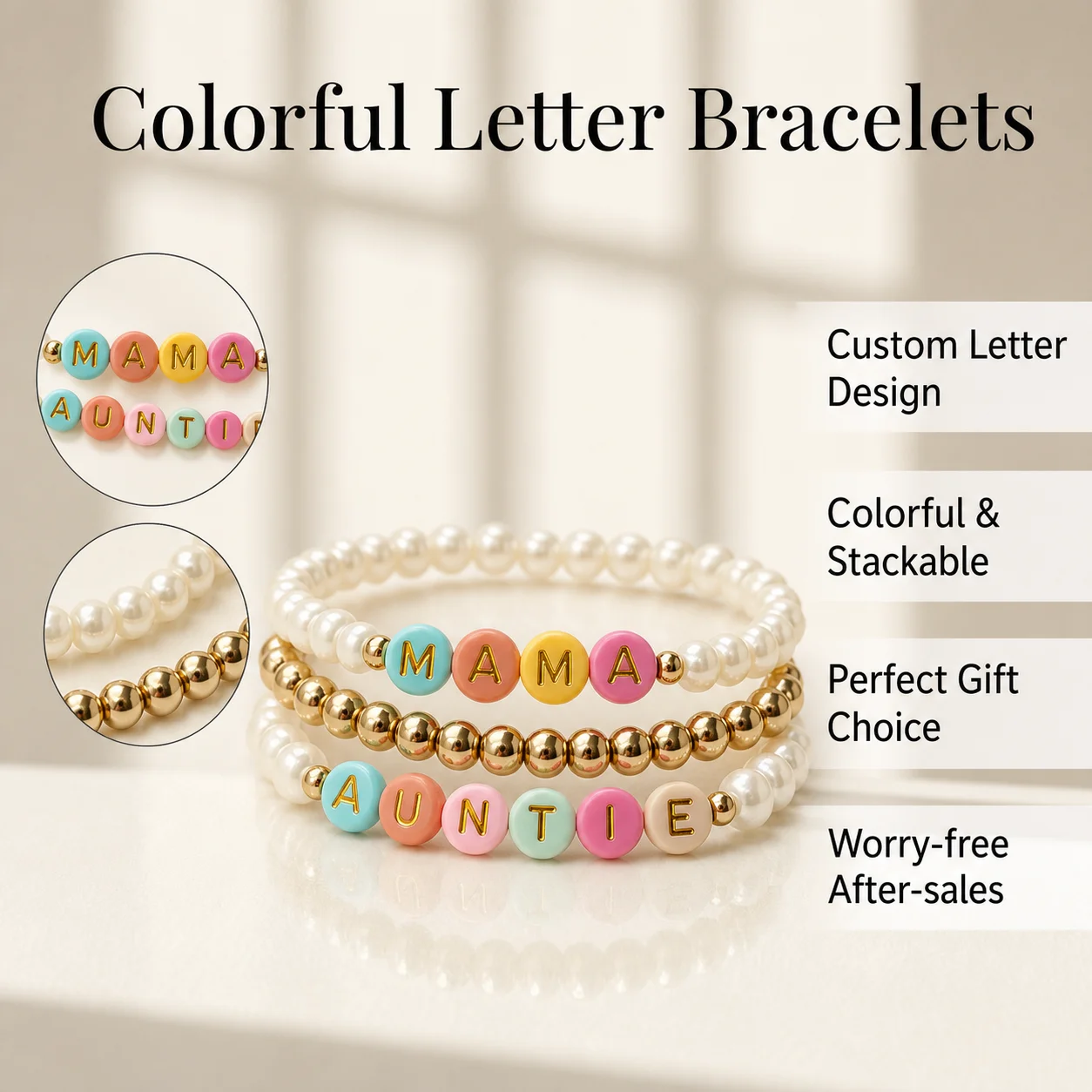 DOREMI Personalized Alphabet Bracelet Custom Name Colorful Beaded Pearl Style Stack Gift For Mother Daughter And Aunt