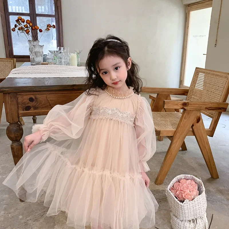 Girls' Spring and Autumn Dress 2025 New Children's Baby Girl Western Style Lace Splicing Puffy Gauze Princess Dress