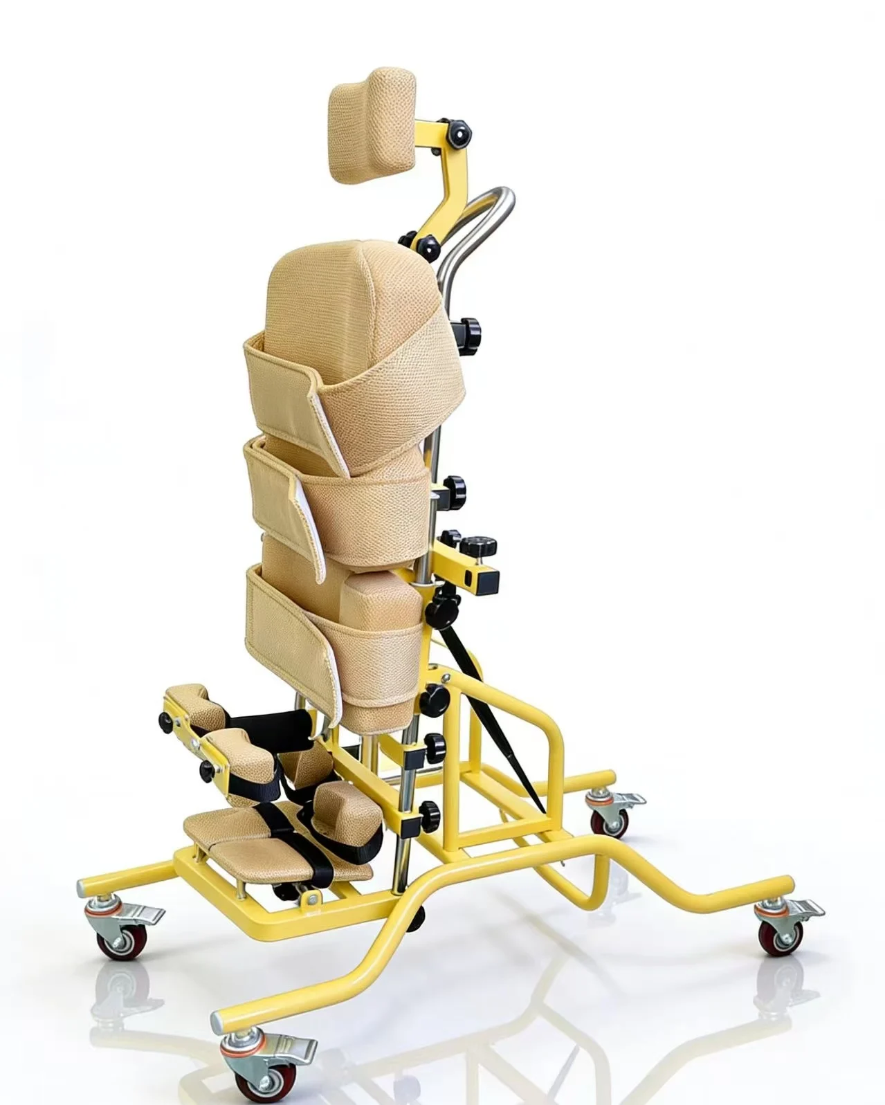 Wheeled child standing chair, exoskeleton scaffold for cerebral palsy standing training