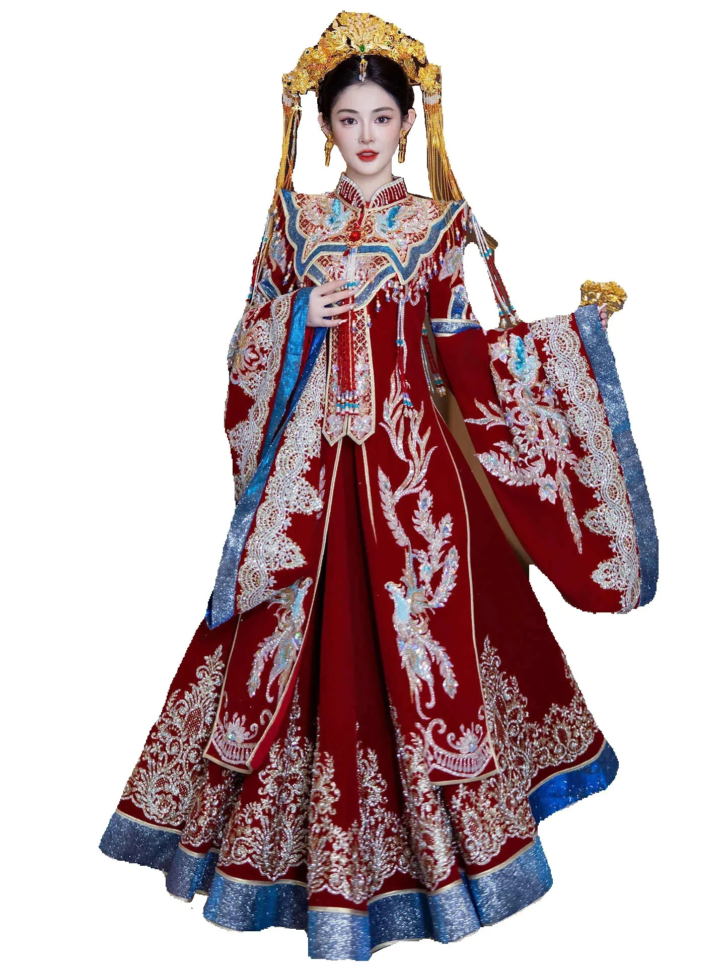 Vintage Xiuhe Qipao Cheongsam East Asia Traditional Bride Red Blue Gown China Classic Wedding Dress Double Phoenix Attire TP115