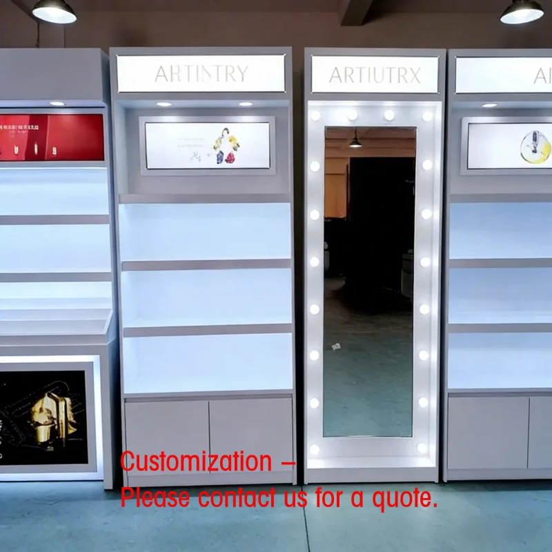 

custom.Custom Luxury Stainless Steel Skincare Armoire Display LED Lighting Adjustable Layers Large Capacity Showcas