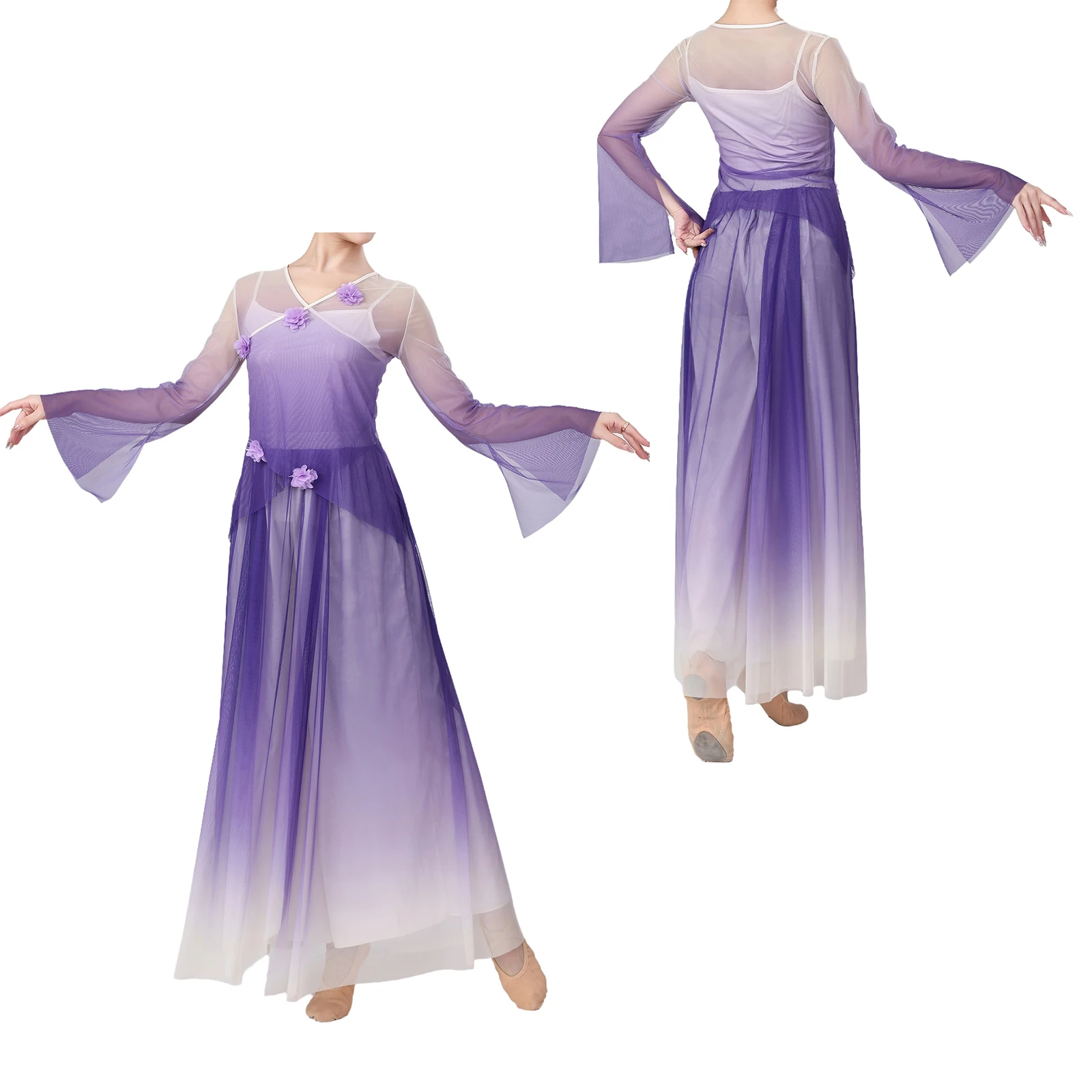 

Contemporary Womens Lyrical Classical Dance Outfits Flower Applique Top with Camisole and Loose Culottes Modern Dance Costume