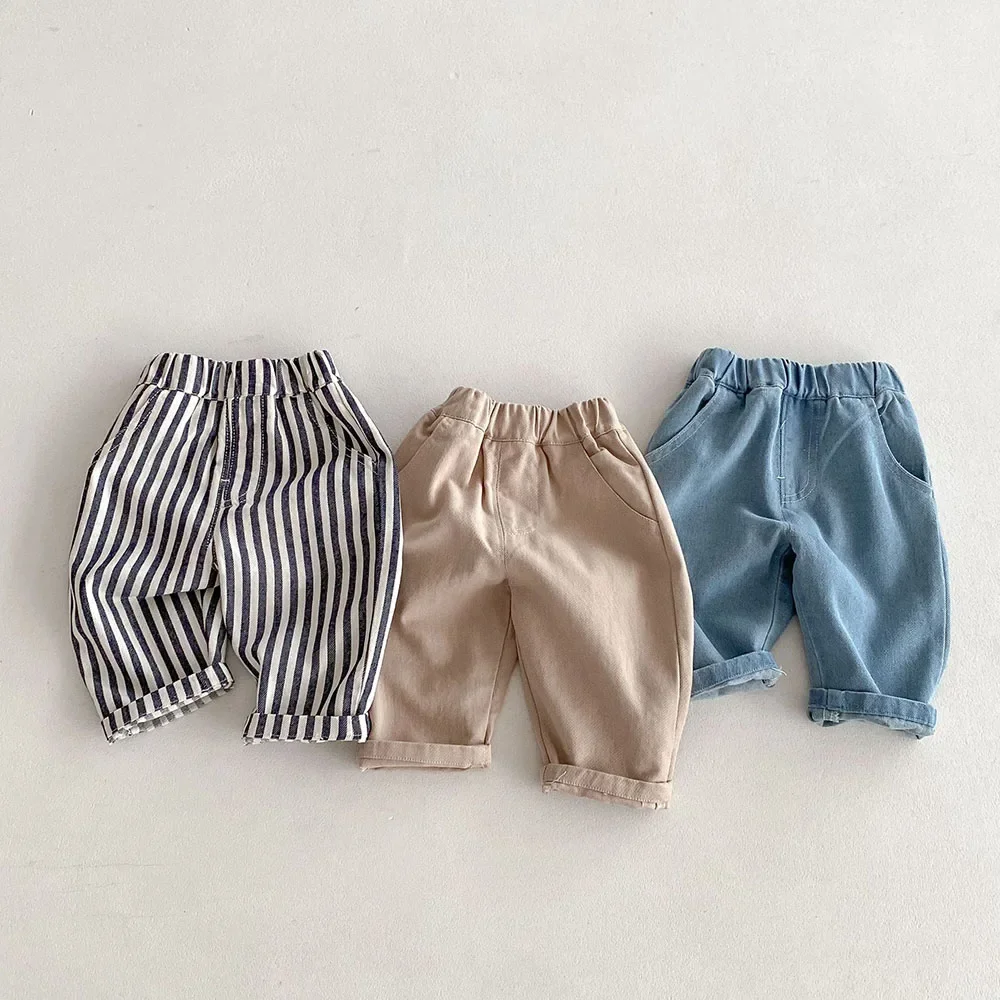 1-5Y Kids Jeans Stripe Denim Pants Loose Straight Patchwork Pocket Boys Trousers Mid Waist Kids Outfit Pants