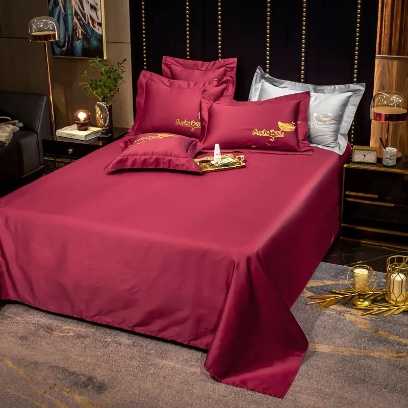 New Long-staple Cotton Embroidery Plain Color Four-piece Bed Linen  Four Seasons Universal Luxury Style Bedding Peacock Burgundy