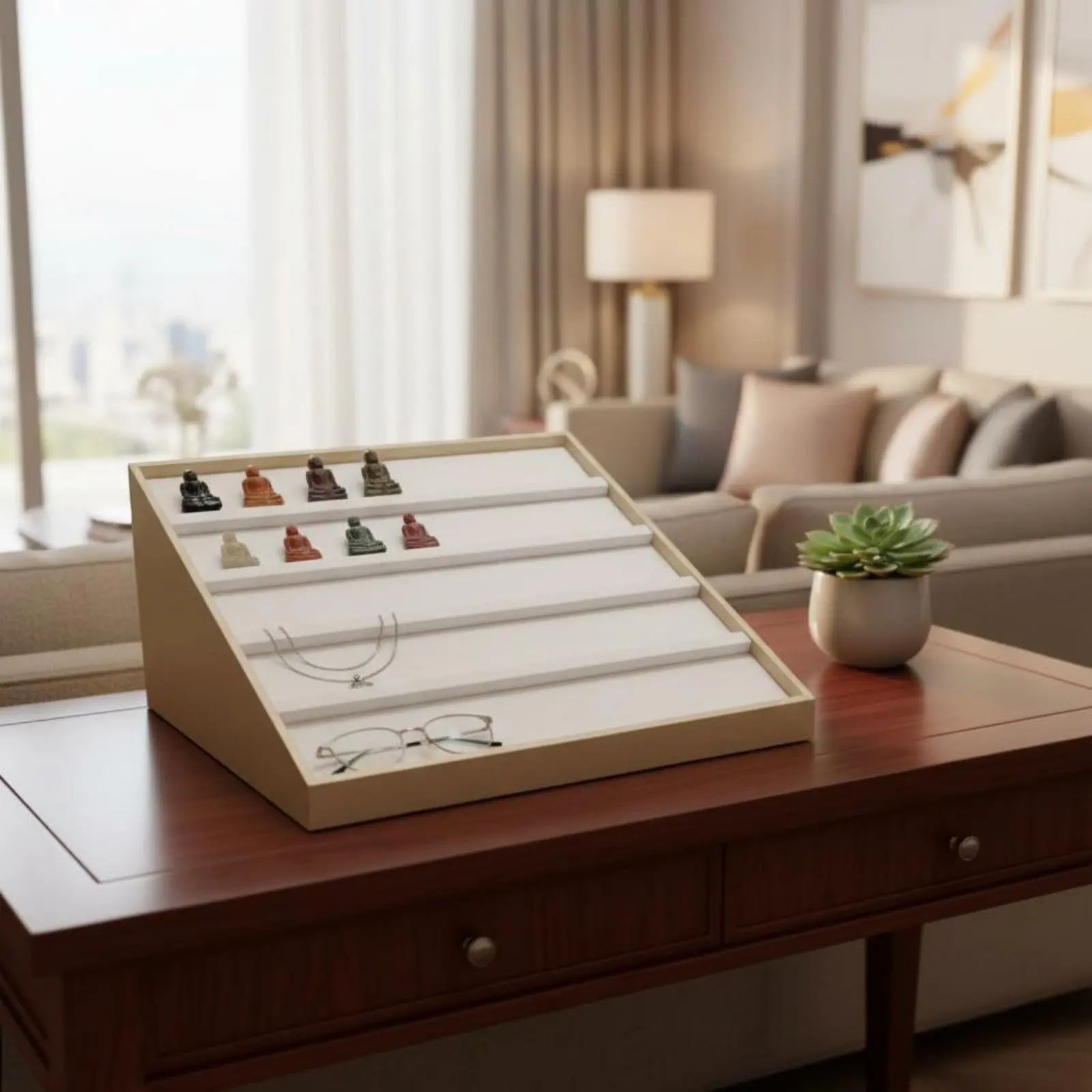 

Sloped Jewelry Display Rack Versatile Organizer Multi-Row Necklace Display Tray 4 Tier Jewelry Stand Professional Presentation