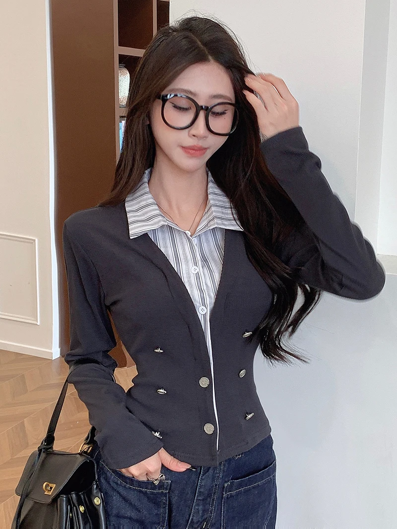 MiiiiX Office Lady Casual nep tweedelig shirt damesblouse 2024 herfst gestreepte splitsen slanke lange mouwen top vrouwelijke kleding