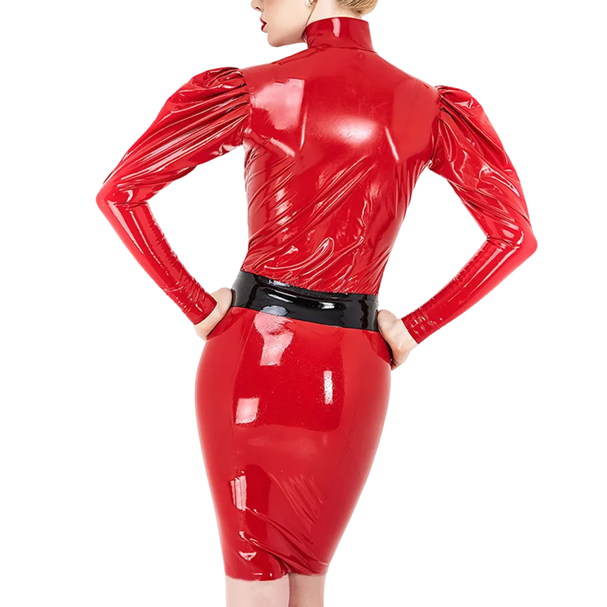 Sexy Red Women Latex Dressing Uniform Rubber Shirt and Skirt One Set Costumes Handmade Clothing S-LD311