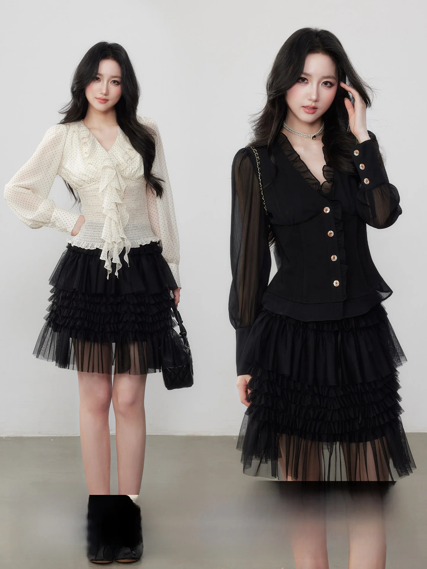 

Yuzhi Black Mesh A-Line Skirt Women's Casual Style mid Waist Polyester Cake Skirt Atmosphere Sensation Spring New Model