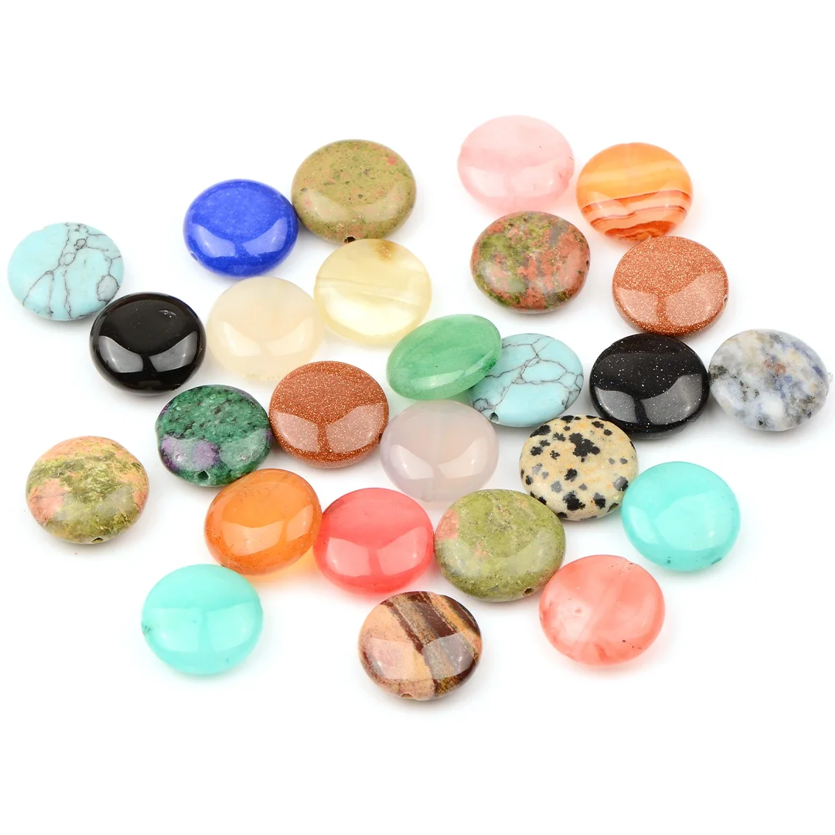 12mm/15mm Natural Flat Round Coin Shape Mix Natural Stone Beads For Jewelry Making Loose Beads DIY Accessories