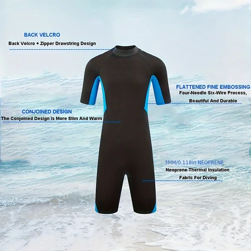 Imagen 2 del producto Traje de neopreno de 3mm para hombre, traje de buceo de una pieza de manga corta con cremallera frontal trasera, surf, buceo, natación, snorkel, kayak