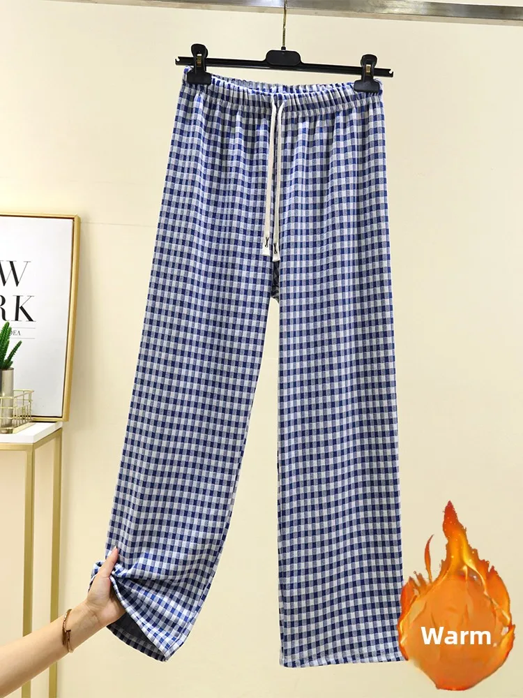 Thiened Fce 여성용 겨울 파자마 바지 끈없는 홈 레저 체크무늬 하이웨이스트 롱 팬츠 플러스 사이즈 홈웨어