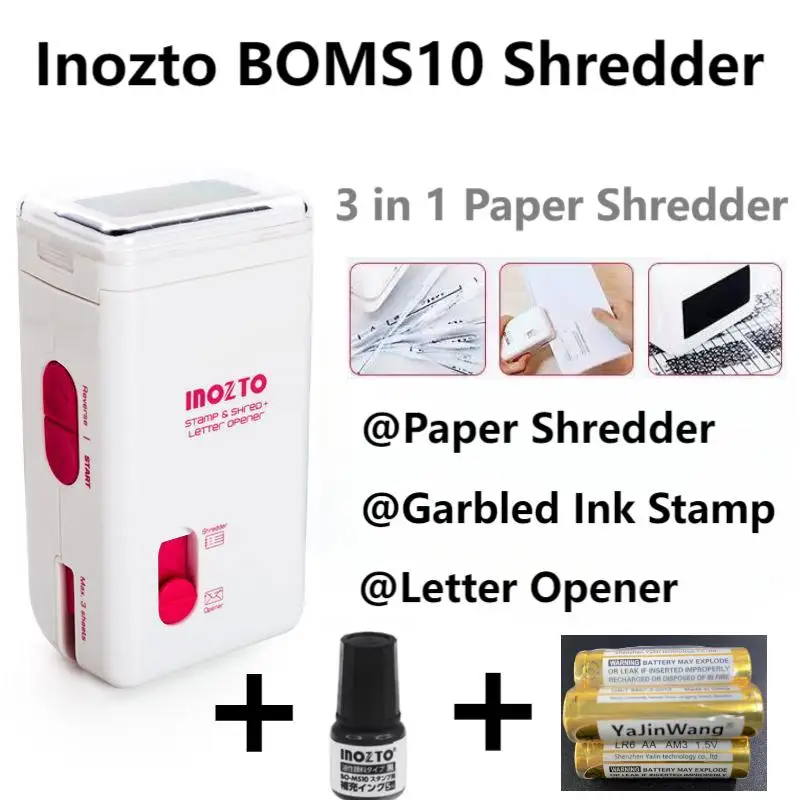 

Inozto Portable Shredder BOMS10 Electric Privacy Document Shredder With Garbled Ink Stamp Letter Opener 3mm Strip Shredded Paper