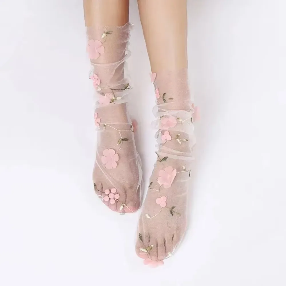 Süße Blumen-Spitzen-Socken, transparent, ultradünn, Netz-Tüll-Socken, atmungsaktiv, lange Socken für Damen